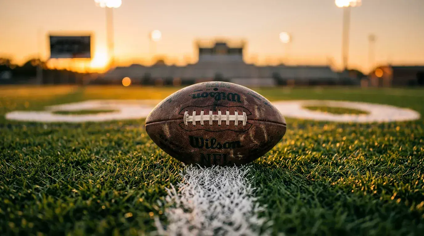 American football on a stadium turf with yard-line markings under bright floodlights