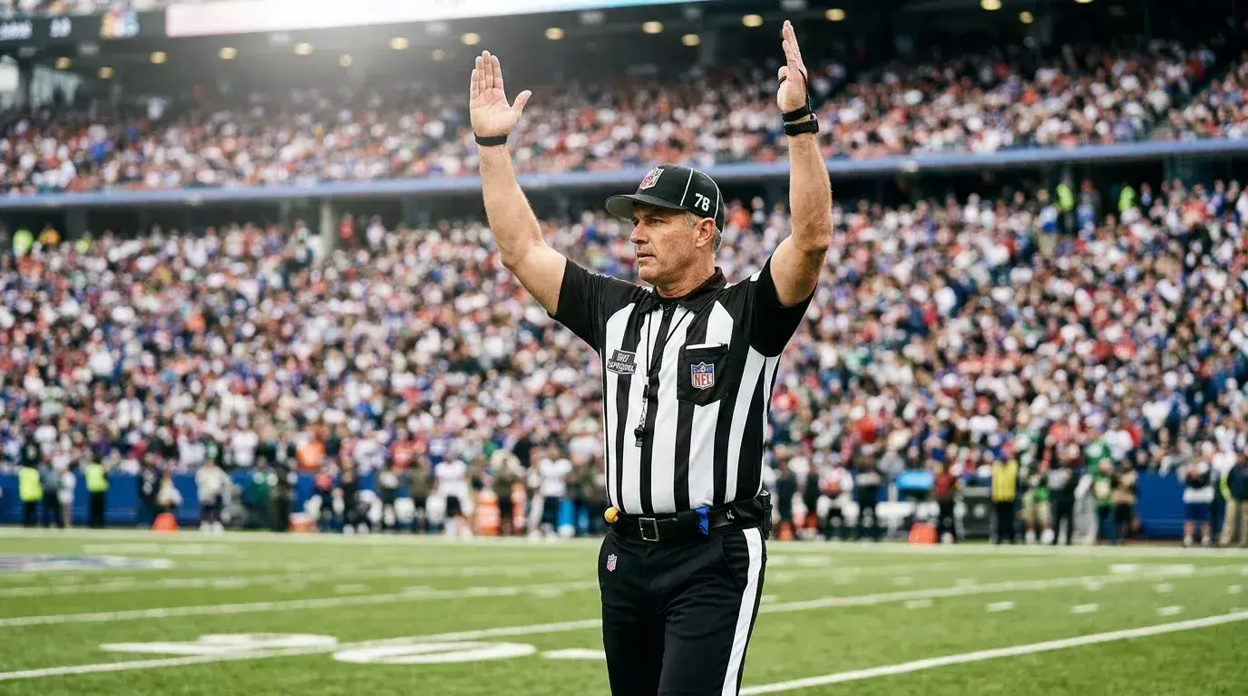 NFL referee signalling a call on the field representing the integrity and regulation of NFL wagering