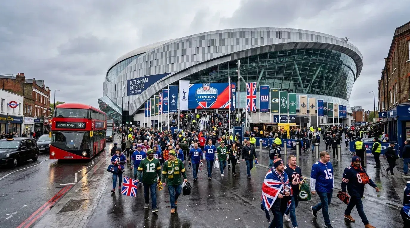 Tottenham Hotspur Stadium in London set up for an NFL game with British fans wearing NFL jerseys