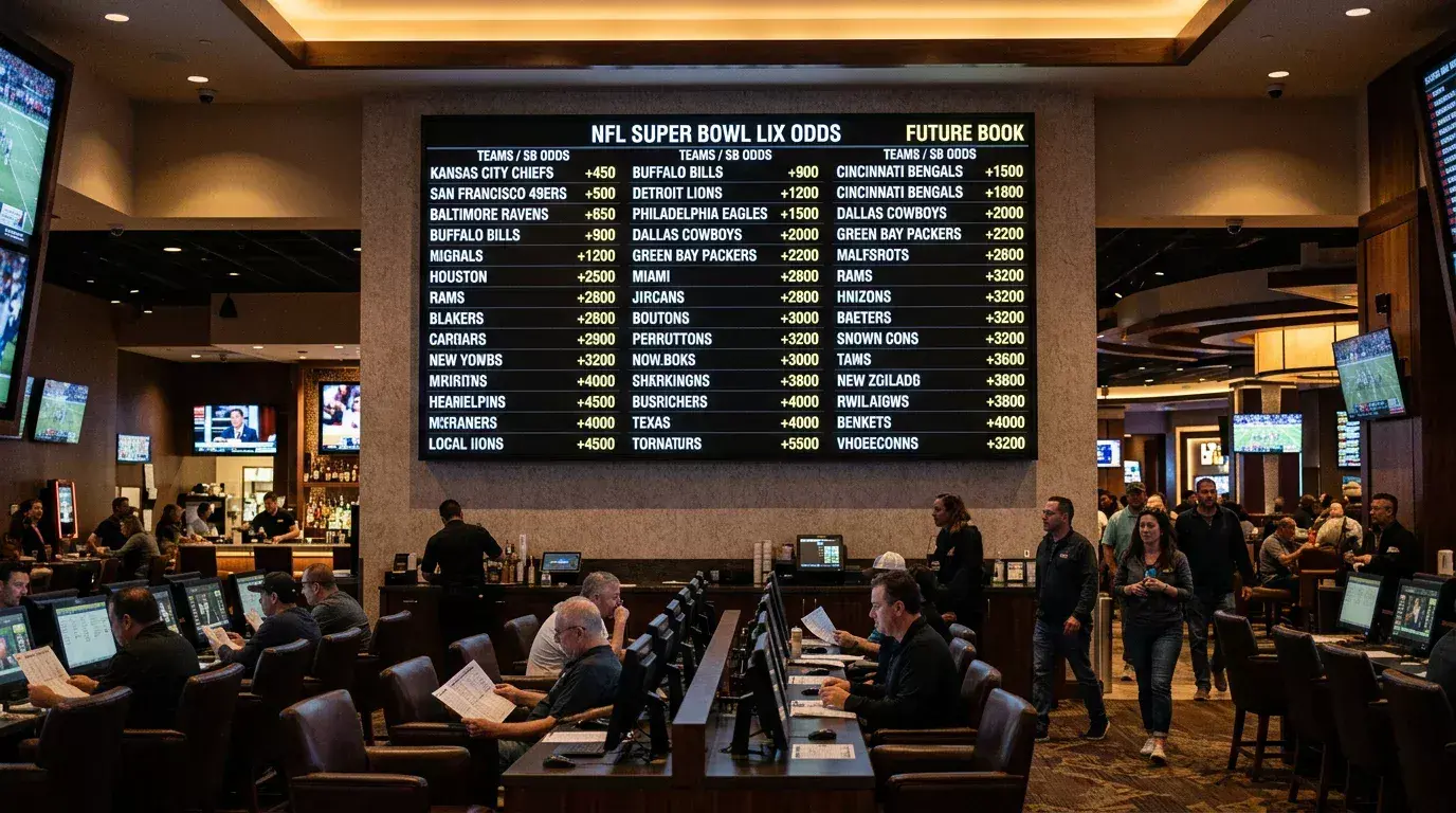 NFL futures odds board showing Super Bowl and season win total markets