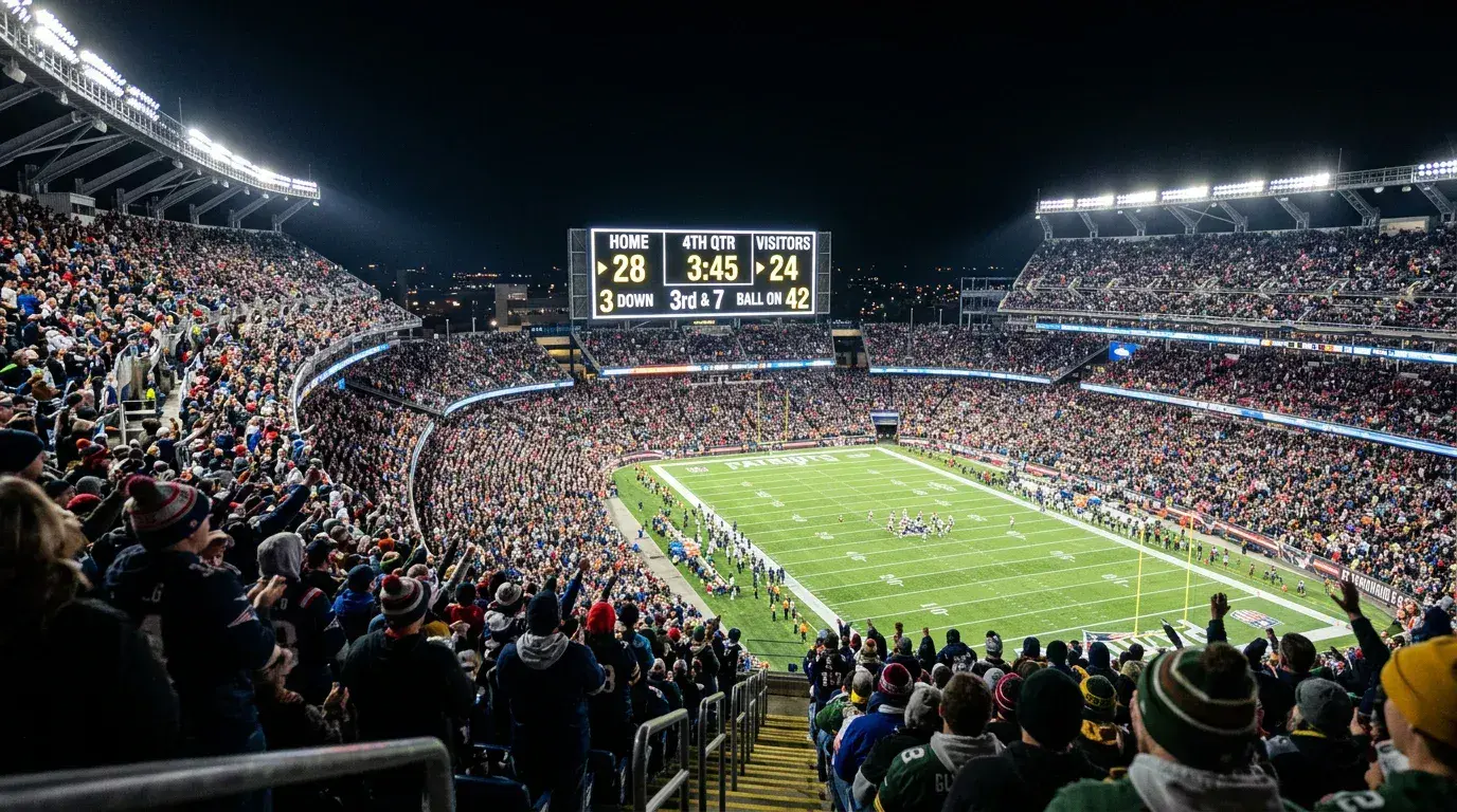 NFL scoreboard glowing in a packed stadium at night showing game totals
