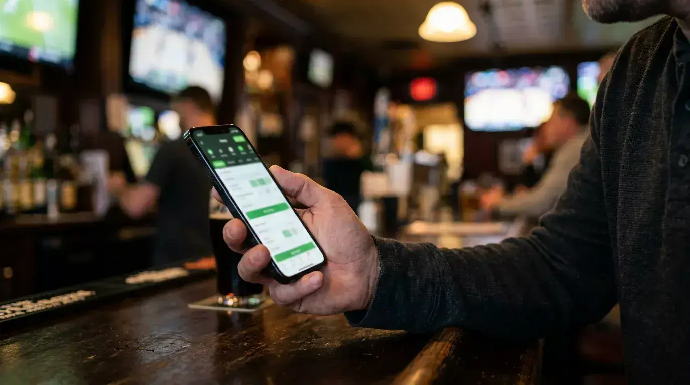 Close-up of a hand holding a mobile phone with an NFL betting slip showing multiple selections for a parlay wager