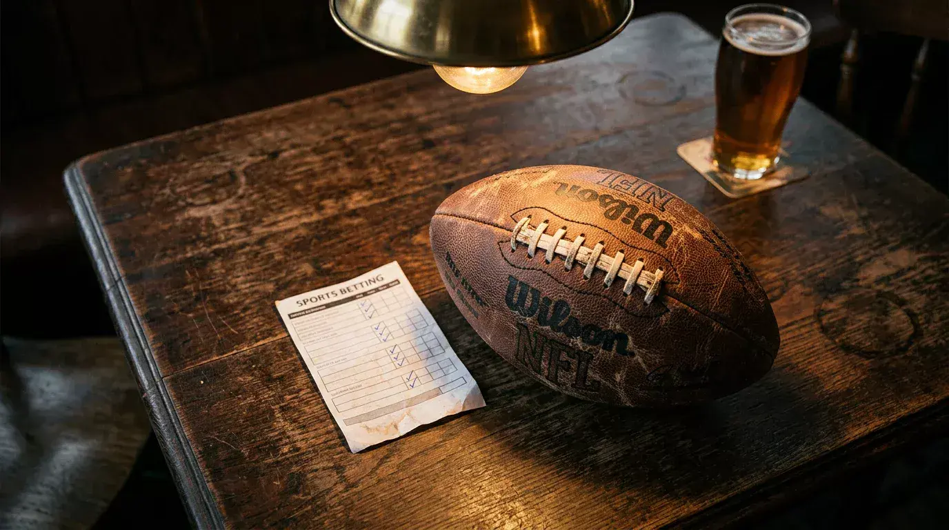 Close-up of a betting slip on a wooden table beside an American football