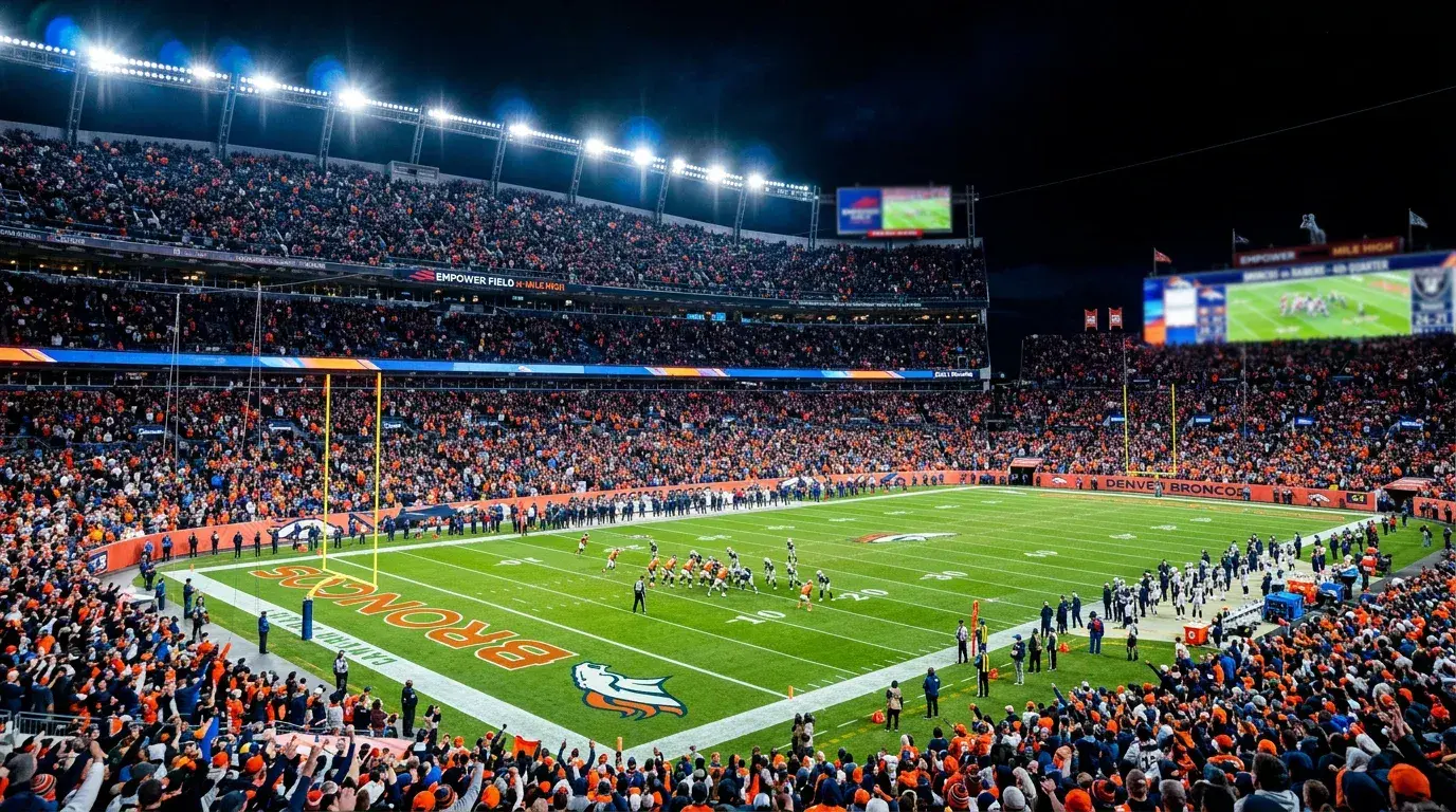 NFL primetime game under stadium lights with betting trend data