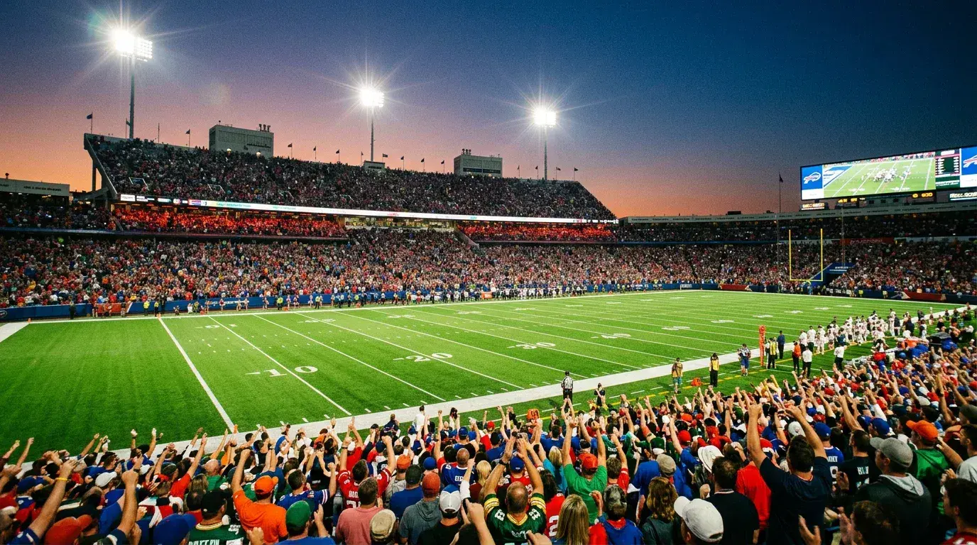 Crowd of fans in an NFL stadium with a brightly lit playing field at dusk