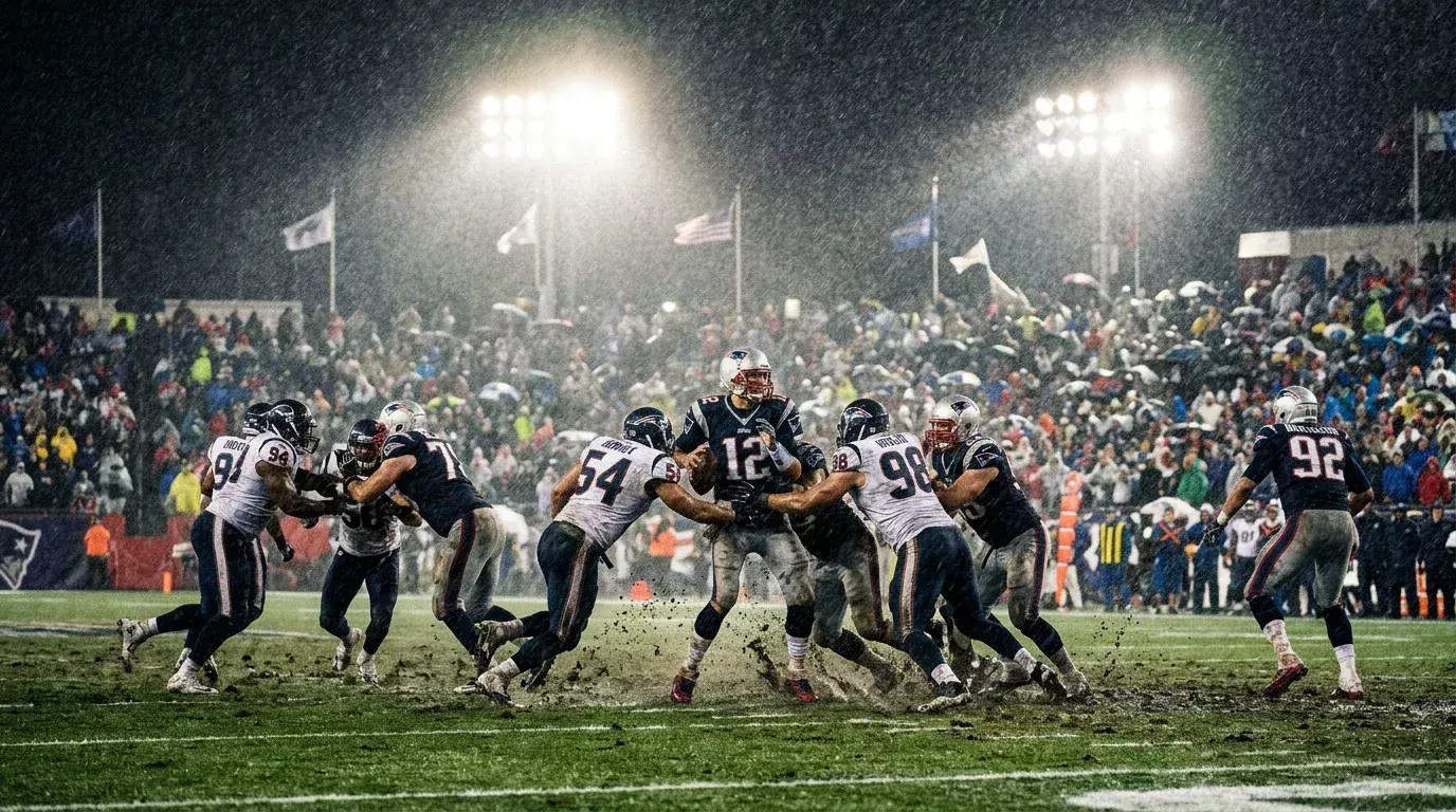 NFL game in heavy wind and rain with totals betting line overlay