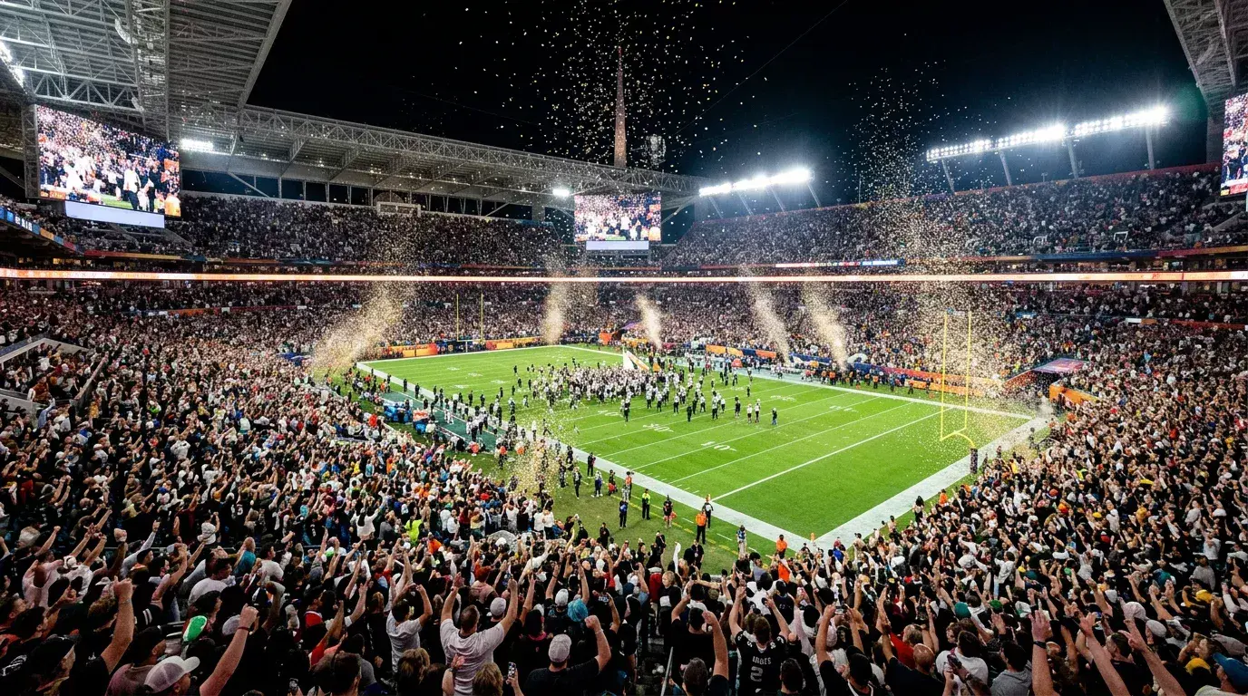 Packed American football stadium during the Super Bowl with confetti falling under bright lights